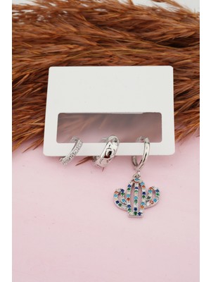 PremiumPort Kadınlar Için Altın Kaplama Kaktüs Figürlü 3'lü Zirkon Küpe Seti