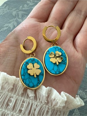 PremiumPort Turkuaz Taşlı Yonca Figürlü Şık Çelik Küpe, Zarif Takı Hediye