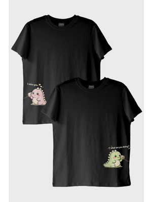 Nuugg Tatlı Dinozor Çift Siyah Tişörtleri