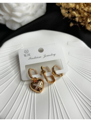 PremiumPort Parlak Altın Kaplama Kalpli 3'lü Küpe Seti, Şık ve Zarif Tasarım