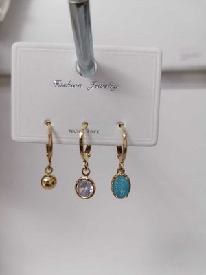 PremiumPort Mavi Taşlı 3'lü Kadın Pirinç Kaplama Küpe Seti