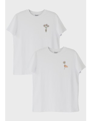 Nuugg Papatya Desenli Beyaz Tişört