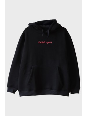 Nuugg Need You Baskılı Siyah Hoodie