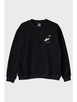 Nuugg Yakala Kalp Siyah Bisiklet Yaka Sweatshirt