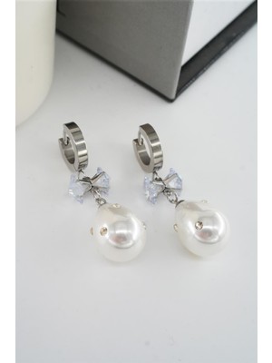 PremiumPort Şık Kadın Çelik Baget Zirkon ve Inci Detaylı Küpe Seti