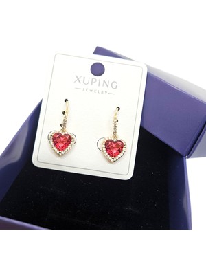 PremiumPort Kırmızı Kalp Zirkon Sallantılı Küpe, 18K Gold Renk, Şık ve Zarif Tasarım