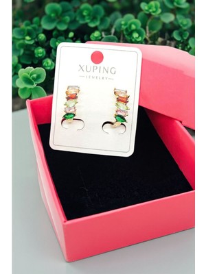 PremiumPort Zirkon Taşlı Dikdörtgen Kesim Altın Halka Küpe, 1.5cm Çap