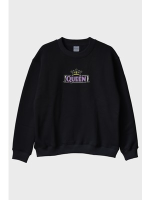 Lofux Queen Taç Siyah Bisiklet Yaka Sweatshirt