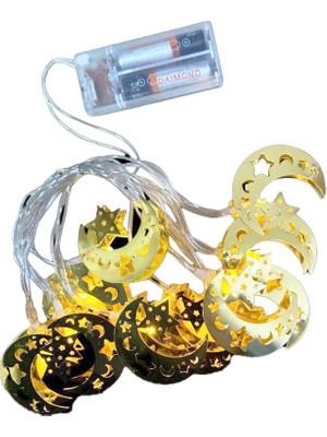Go İthalat Ay Yıldız MODEL=10PCS   Gold Metal   Pilli  Dekoratif LED Işık - Lamba  2mt Kablo (5332)