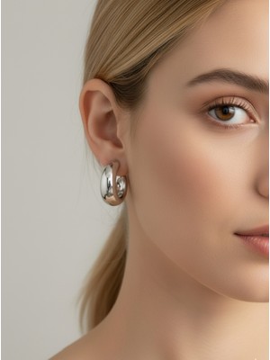 PremiumPort Kadın Yarım Ay Küpe Paslanmaz Çelik Gümüş Renk Şık Takı