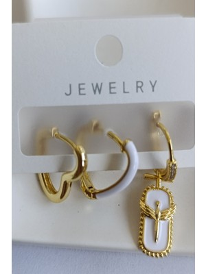 PremiumPort Beyaz Mineli ve Melek Kanadı Temalı Üçlü Halka Küpe Seti