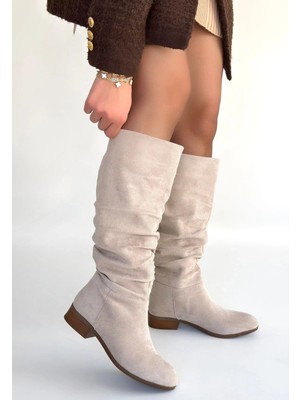 Winda Bej Süet Körüklü Topuklu Çizme