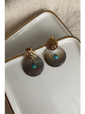 PremiumPort Siyah Sedef ve Firuze Taşlı Etnik Tarz Çelik Küpe