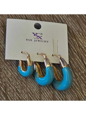 PremiumPort Turkuaz Mavi Renk Çelik Üçlü U Model Küpe Seti