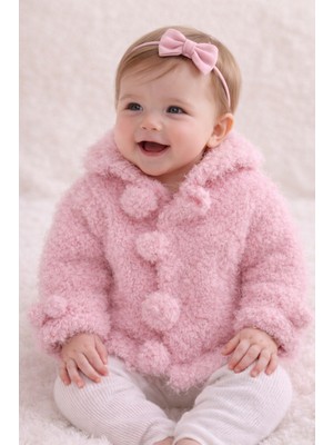 Spotlet- Ponponlu Bebek Hırkası El Örgüsü 3-18 Aylık- %100 Pes Mikrofiber İplik- Yumuşak- Tüylü