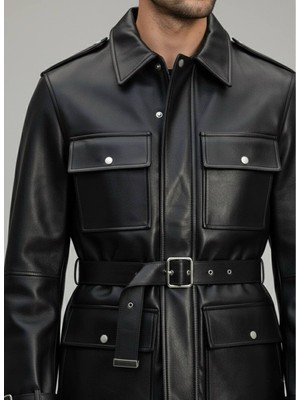 Lwl Safari Stil Kemerli ve Dört Cepli Kahverengi Deri Ceket - Premium Field Mont Parka