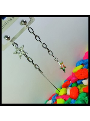 PremiumPort Zirkon Taşlı Yıldız Figürlü Sallantılı Çelik Küpe, Silver Renk