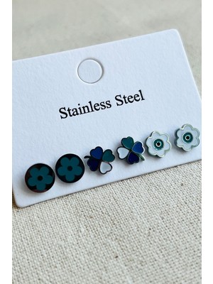 PremiumPort Çelik Çoklu Yonca Tasarımlı Gümüş Renkli Kadın Küpe