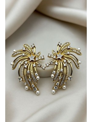 PremiumPort Yıldız Detaylı Gold Renk Taşlı Kadın Küpe, Şık ve Zarif Takı Seçeneği