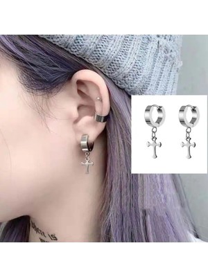 PremiumPort Gothic Punk Harajuku Çiftli Haç Çelik Küpe, Şık ve Modern Tasarım