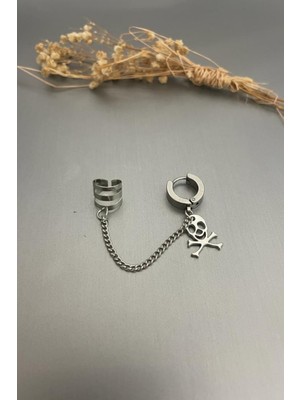 PremiumPort Unisex Gümüş Kuru Kafa Figürlü Sallantılı Çelik Küpe
