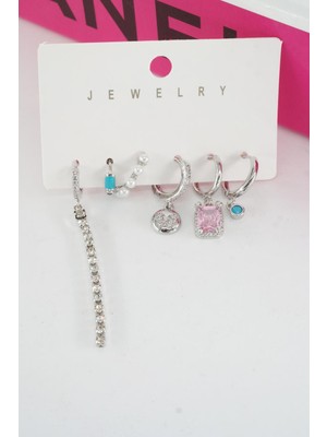 PremiumPort Şık Kadın 6'lı Baget Zirkon Taşlı Özel Tasarım Küpe Seti