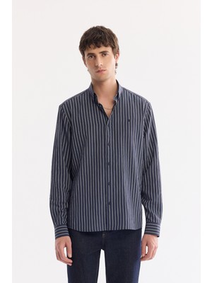 AVVA Erkek Lacivert Alttan Britli Çizgili Nefes Alan Soft Touch Comfort Fit Gömlek A61Y2131