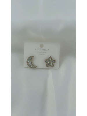 PremiumPort Şık Kadın Ay Yıldız Model Gümüş Küpe, Zarif ve Modern Tasarım