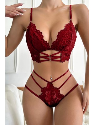 Brentino Kadın Bordo Dantel Cut-Out Detaylı Şık Sütyen ve Külot Takımı
