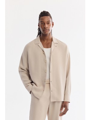 AVVA Erkek Bej Apaj Yaka Soft Touch Oversize Fit Gömlek A61Y2092