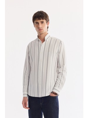 Avva Erkek Gri Alttan Britli Yaka Çizgili Dokulu Elastan Regular Fit Gömlek A61Y2094