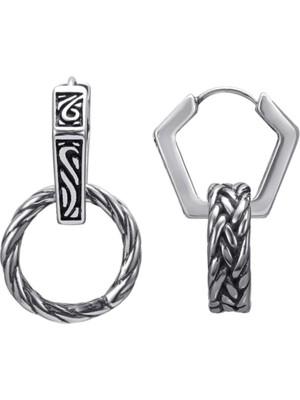 PremiumPort Büyük Antik Örgü Tasarım Altıgen Tribal Erkek 316L Çelik Çift Küpe