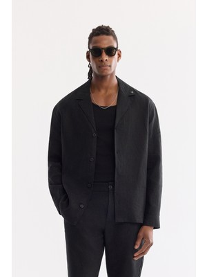 AVVA Erkek Siyah Apaj Yaka Nefes Alan %100 Keten Comfort Fit Gömlek Ceket A61Y2114