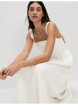 Marks & Spencer Keten Karışımlı Kare Yaka Midi Elbise