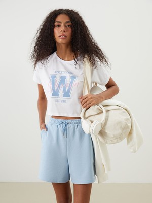 Lc Waikiki Yeni Sezon Bisiklet Yaka Baskılı Crop Kadın Spor Tişört