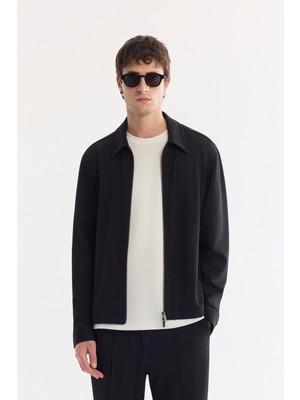 AVVA Erkek Siyah Klasik Yaka Teknik Kumaş Kırışmaz Comfort Fit Gömlek Ceket A61Y2079