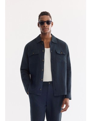AVVA Erkek Lacivert Klasik Yaka Nefes Alan %100 Keten Comfort Fit Gömlek Ceket A61Y2540