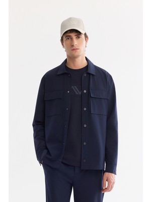 AVVA Erkek Lacivert Klasik Yaka Teknik Kumaş Kırışmayan Comfort Fit Gömlek Ceket A61Y2118