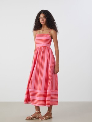 Lc Waikiki Yeni Sezon Kare Yaka Çizgili Askılı Belden Oturtmalı Elbise