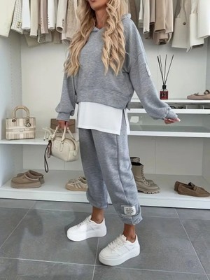 Gökyüzü Moda Kadın Uzun Kollu Kapşonlu Viskon Iki Iplik Bluz ve Pantolon Ikili Takım