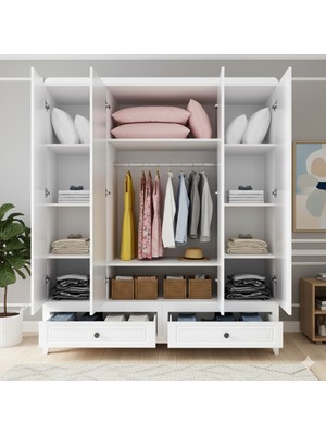 Ferza Mobilya Asansör Askı Sistemli 1. Sınıf Mdf Gövde Membran Kapak Gardırop - 4 Kapaklı 2 Çekmeceli Beyaz