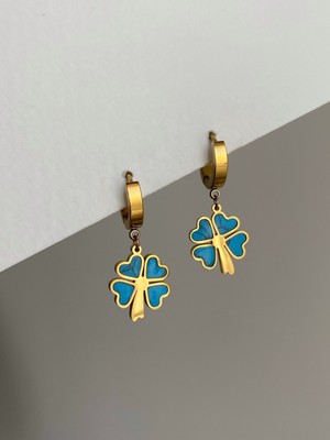 PremiumPort Şık Çelik Gold Mavi Taşlı Yonca Küpe, Parlak ve Dayanıklı Tasarım