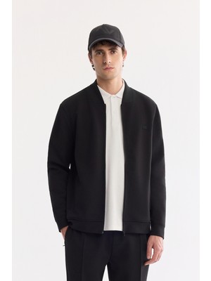 AVVA Erkek Siyah Bomber Yaka Fermuarlı Pamuklu Kolay Ütülenen Bi-Stretch Regular Fit Sweatshirt A61Y1201