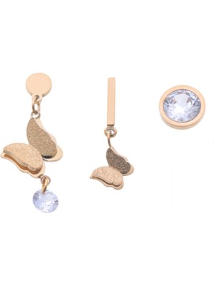 PremiumPort Şık Çelik Üçlü Kelebekli Zirkon Taşlı Küpe, Zarif ve Modern Tasarım