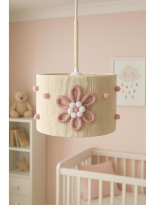 Normadia Ekru Makrome Çiçek Aplike Ponponlu Kız Bebek ve Çocuk Odası Avize