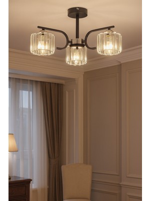 Normadia Modern 3’lü Avize, Kristal Taşlı Şık Dekoratif Aydınlatma