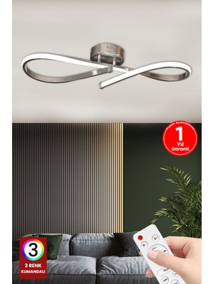 Normadia Modern 3 Renk Plafonyer LED Avize, Kumandalı, Krom Kasa, Şık Tasarım