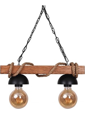 Normadia Rustik Nigrum Ahşap ve Halatlı Retro Otantik Çift Avize Seti