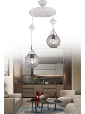 Normadia Beyaz ve Füme Camlı Çift Sarkıt Avize, Krom Detaylar, Şık Tasarım