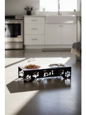 Grandmix Pati Desenli Çelik Taslı Ikili Mama ve Su Kabı Ergonomik Evcil Hayvan Beslenme Standı